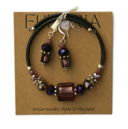 Wrap Bracelet and Earring Set - Amethyst colored glass beads