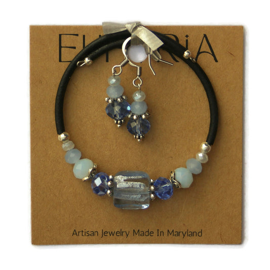 Wrap Bracelet & Earring Set - Light Sapphire Silver Foil Glass