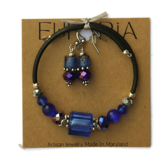 Wrap Bracelet & Earring Set - Cobalt Silver Foil Glass