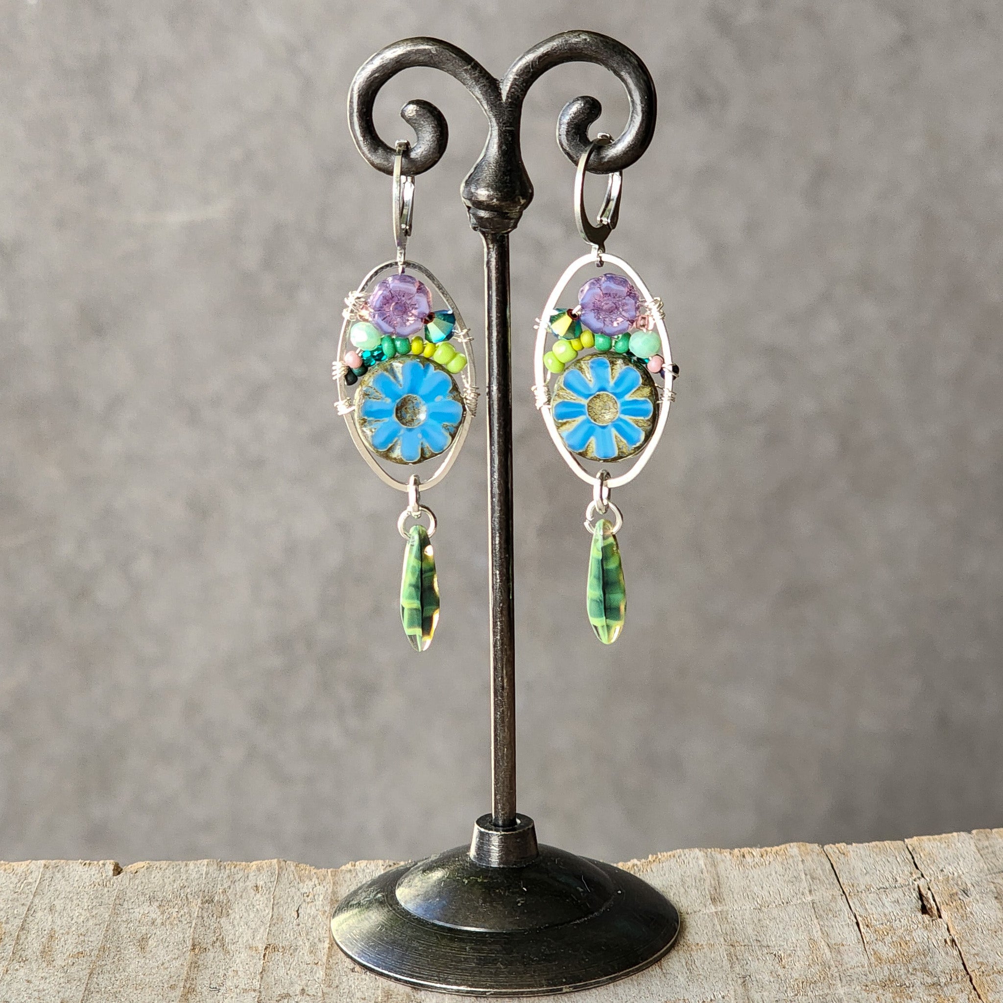 Hungarian store Kalocsa Hand-Painted Flower Floral Glass Beads from Hungary with Czech Crystals Boho Cottagecore Hippy Dangle Drop Earrings