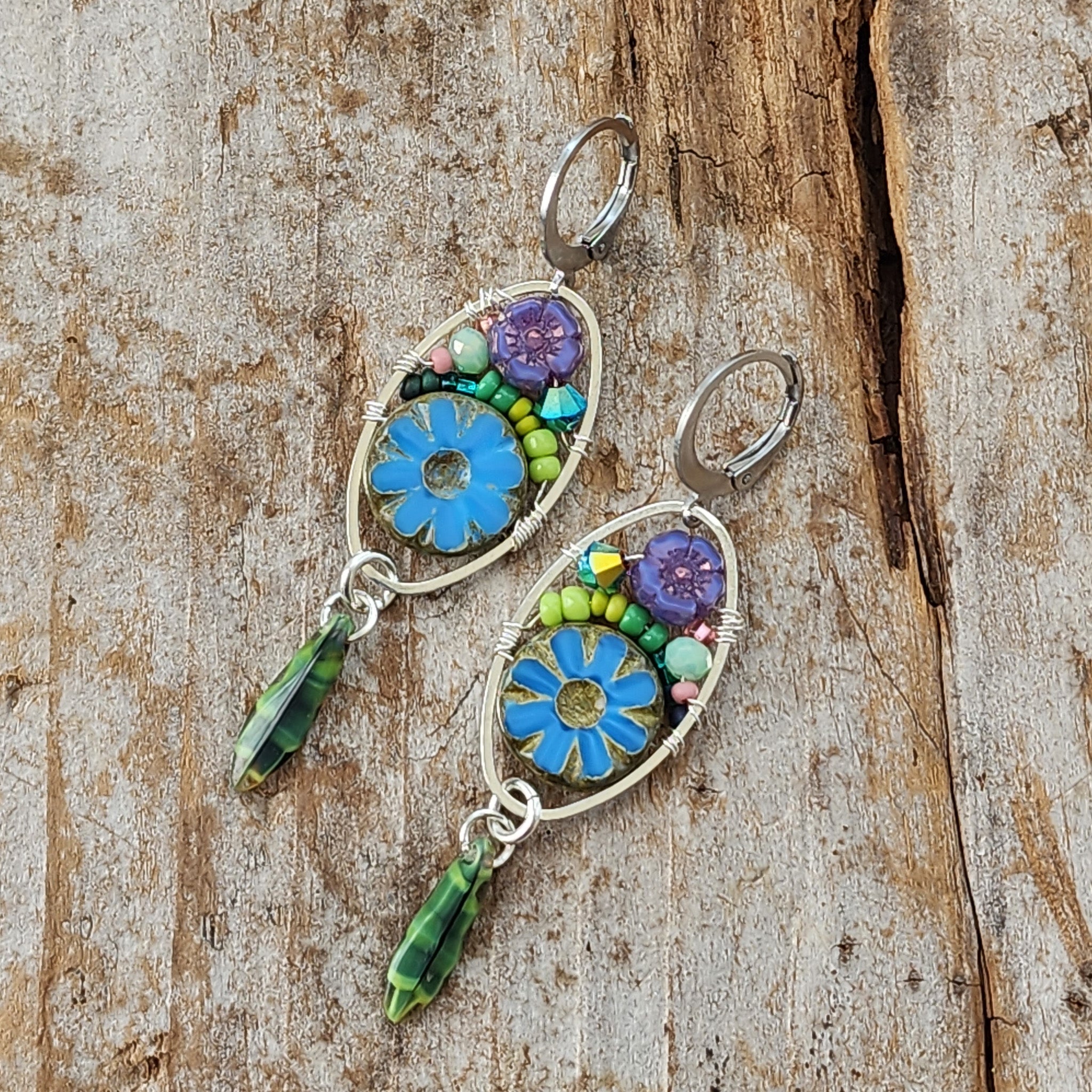 Hungarian store Kalocsa Hand-Painted Flower Floral Glass Beads from Hungary with Czech Crystals Boho Cottagecore Hippy Dangle Drop Earrings