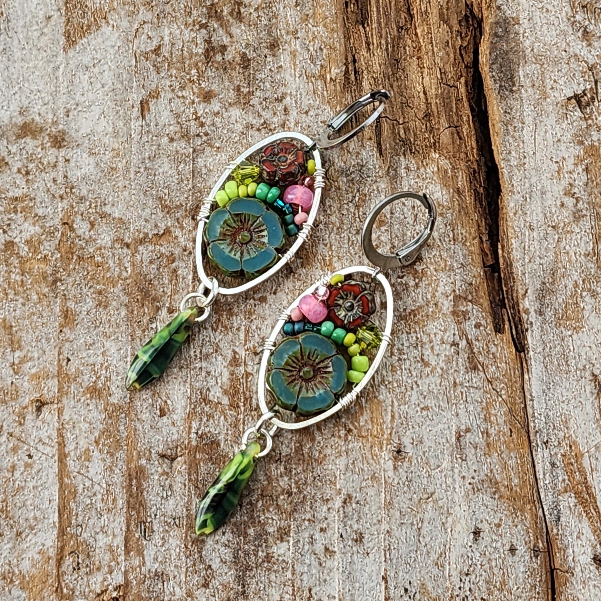 Reserved: Janet Wire wrapped earrings, Czech glass floral earrings, flower bouquet authentic earrings, holiday jewelry, rustic beaded earrings